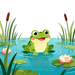 卡通青蛙池塘场景插画素材