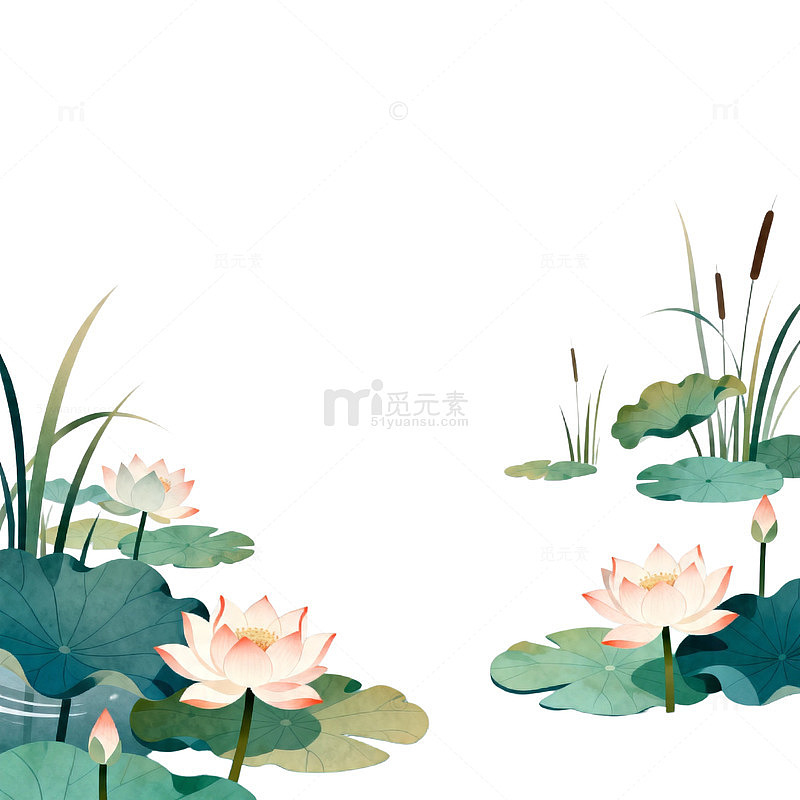 水墨荷花池塘插画设计素材