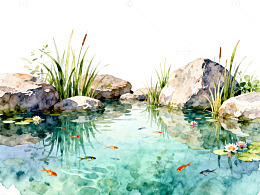 水彩池塘景观自然风光画