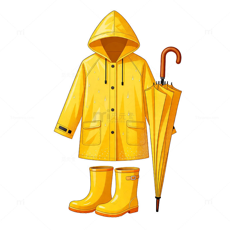 卡通雨衣雨靴雨伞套装插画