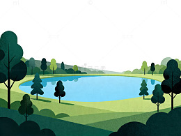 插画风格宁静湖泊自然风光