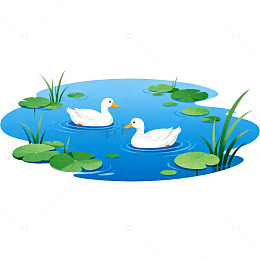 卡通鸭子池塘荷叶矢量图