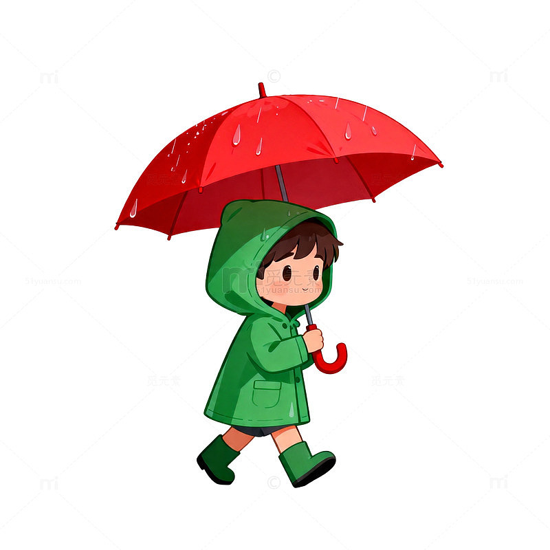 卡通雨中小孩插画素材