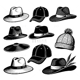 黑白插画风格帽子矢量素材