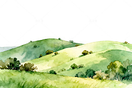 水彩山丘风光装饰画