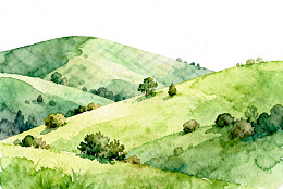 水彩绿丘风光画