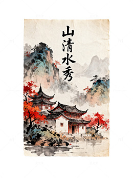 水墨山水古建筑艺术海报