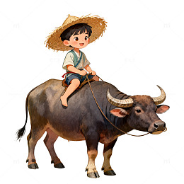 田园风儿童骑牛插画