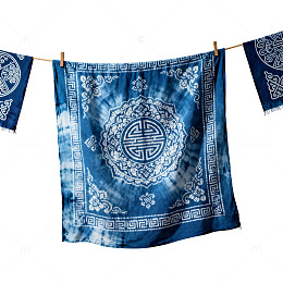 蓝染风格吉祥图案装饰布