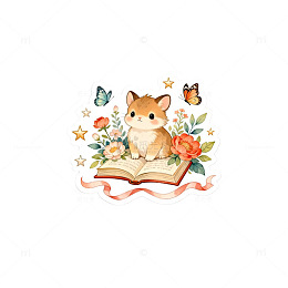 可爱猫咪阅读花卉贴纸