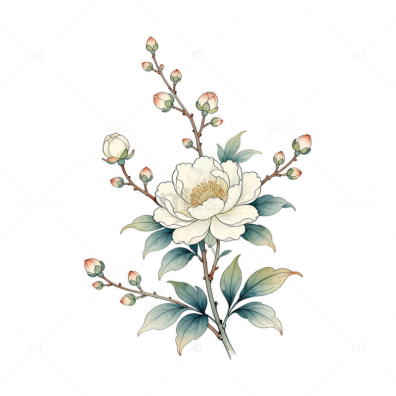 水彩山茶插画设计素材