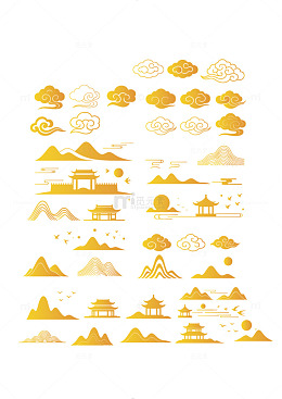 中式图标矢量素材祥云远山建筑