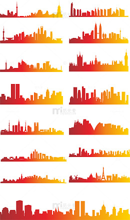 红色渐变城市剪影免扣元素