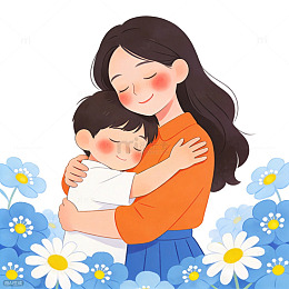 母亲节温馨插画母子相拥花卉装饰免扣素材