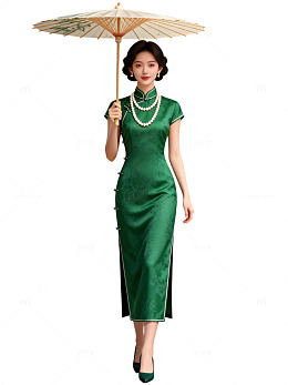 绿色旗袍美女手持油纸伞素材