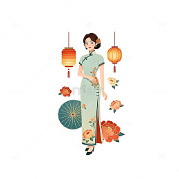 传统旗袍美女灯笼插画