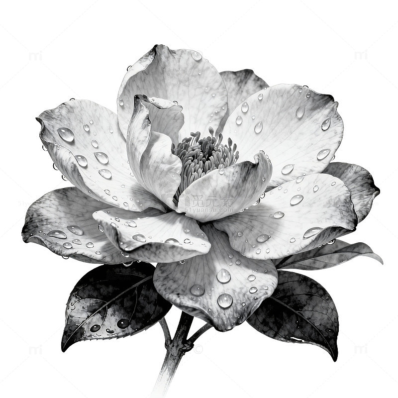 水墨花卉黑白素描画