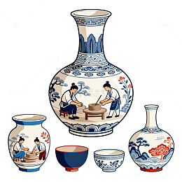 青花瓷中国风陶瓷器皿插画素材