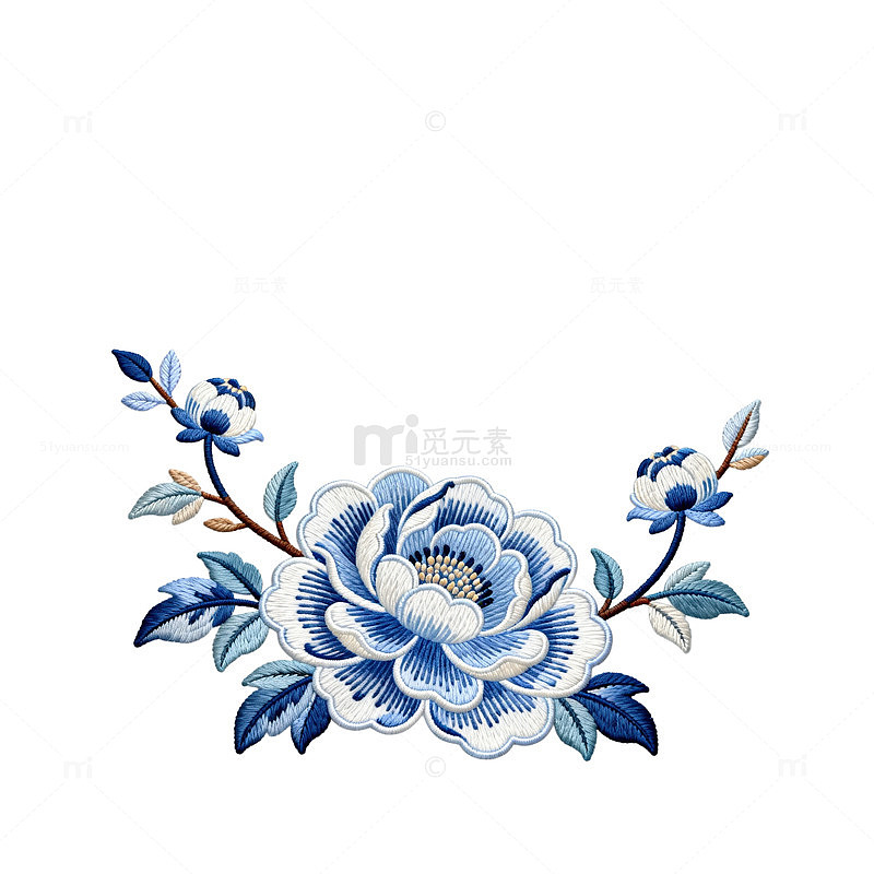 蓝白刺绣花卉图案