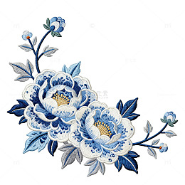 青花瓷风格花卉刺绣图案