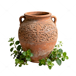 古朴陶罐与绿植装饰