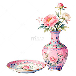 粉色花瓶与盘子装饰画素材
