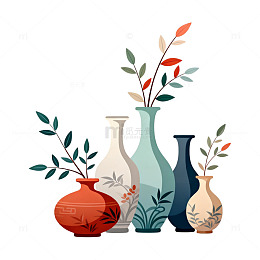 插画风格花瓶组合设计素材