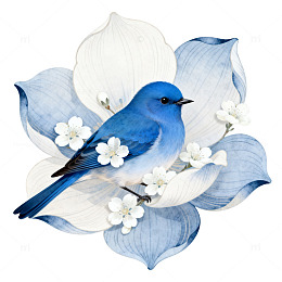 水彩蓝鸟花卉插画设计素材
