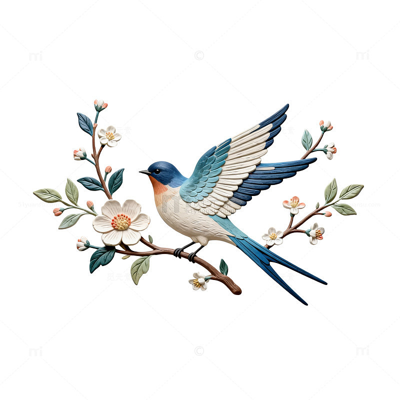 浮雕艺术小鸟花卉装饰图案