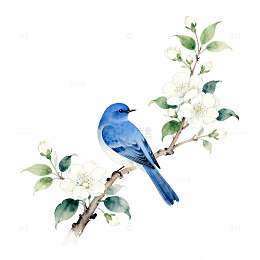 水彩蓝鸟白花树枝装饰画