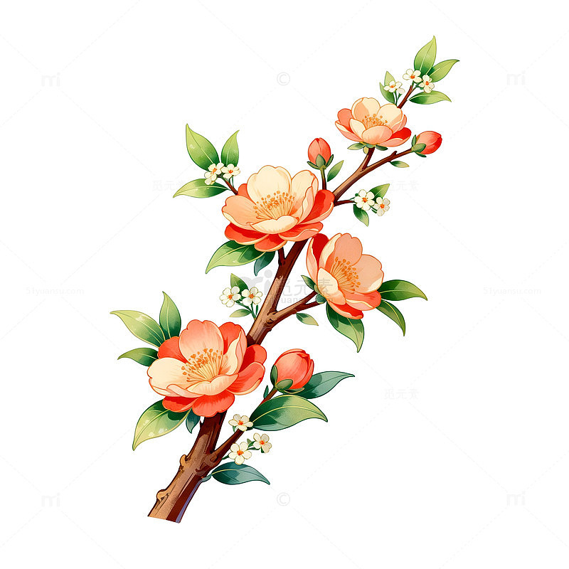水彩花卉插画海棠花枝设计元素