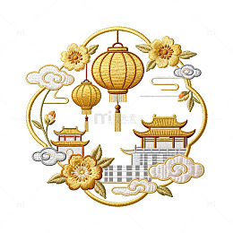 传统中式刺绣灯笼花卉图案