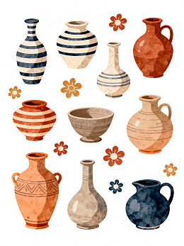 彩绘陶罐与花卉插画素材