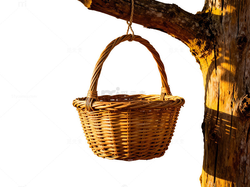 田园风编织篮悬挂树旁
