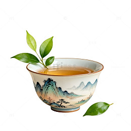 水墨茶杯山水插画装饰素材