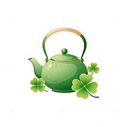 绿色茶壶和三叶草插画