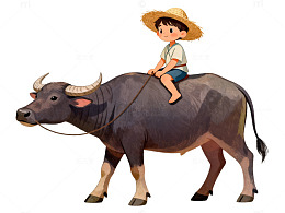 卡通牧童水牛插画素材