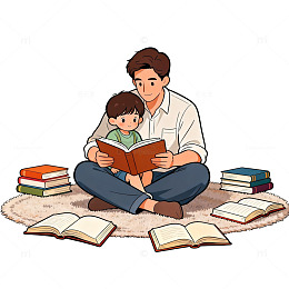 父子共读温馨插画