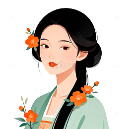 插画风古典美人花卉图案设计素材