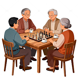 插画风老年人下棋休闲图