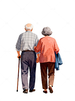 水彩老年夫妇背影