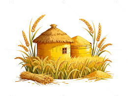 稻草屋稻田风光田园插画