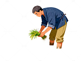 农民插秧田园风光插画