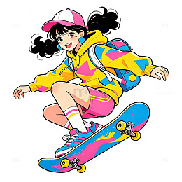 滑板少女动感卡通插画免扣素材活力