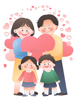 幸福一家四口被爱包围家庭氛围亲子互动插画
