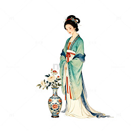 古风仕女与花瓶插画设计素材