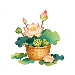 工笔荷花盆栽水墨画设计元素