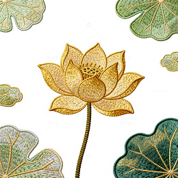 刺绣风格莲花荷叶图案