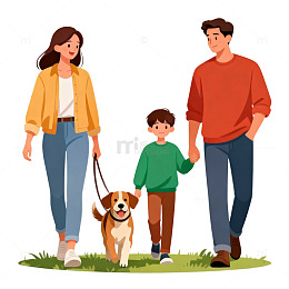 卡通一家三口遛狗