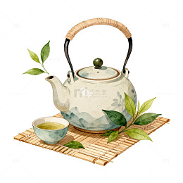 水彩茶韵茶壶茶具插画